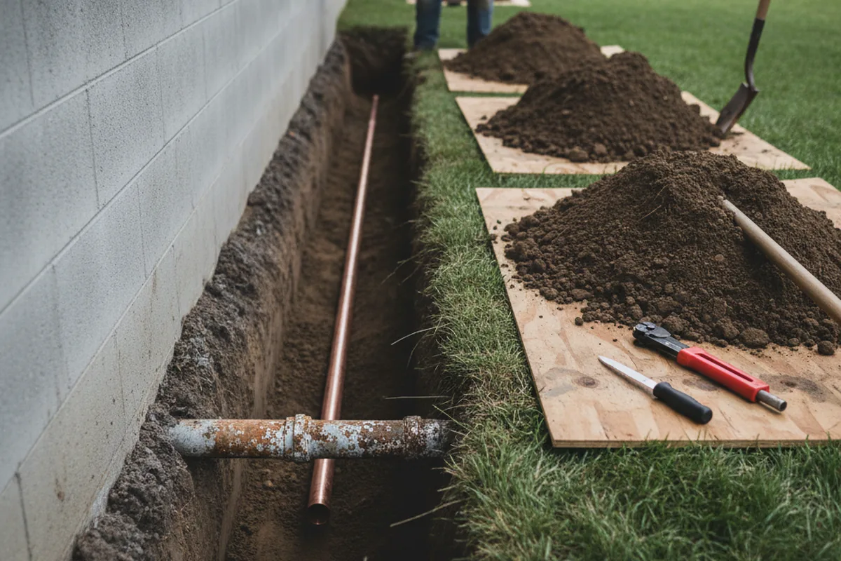 Excavated water line trench during Water Softener Installation in Dedham